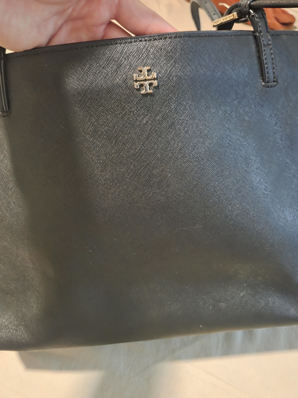 Tory Burch Black Saffiano Leather Tote with Gold Logo Accent